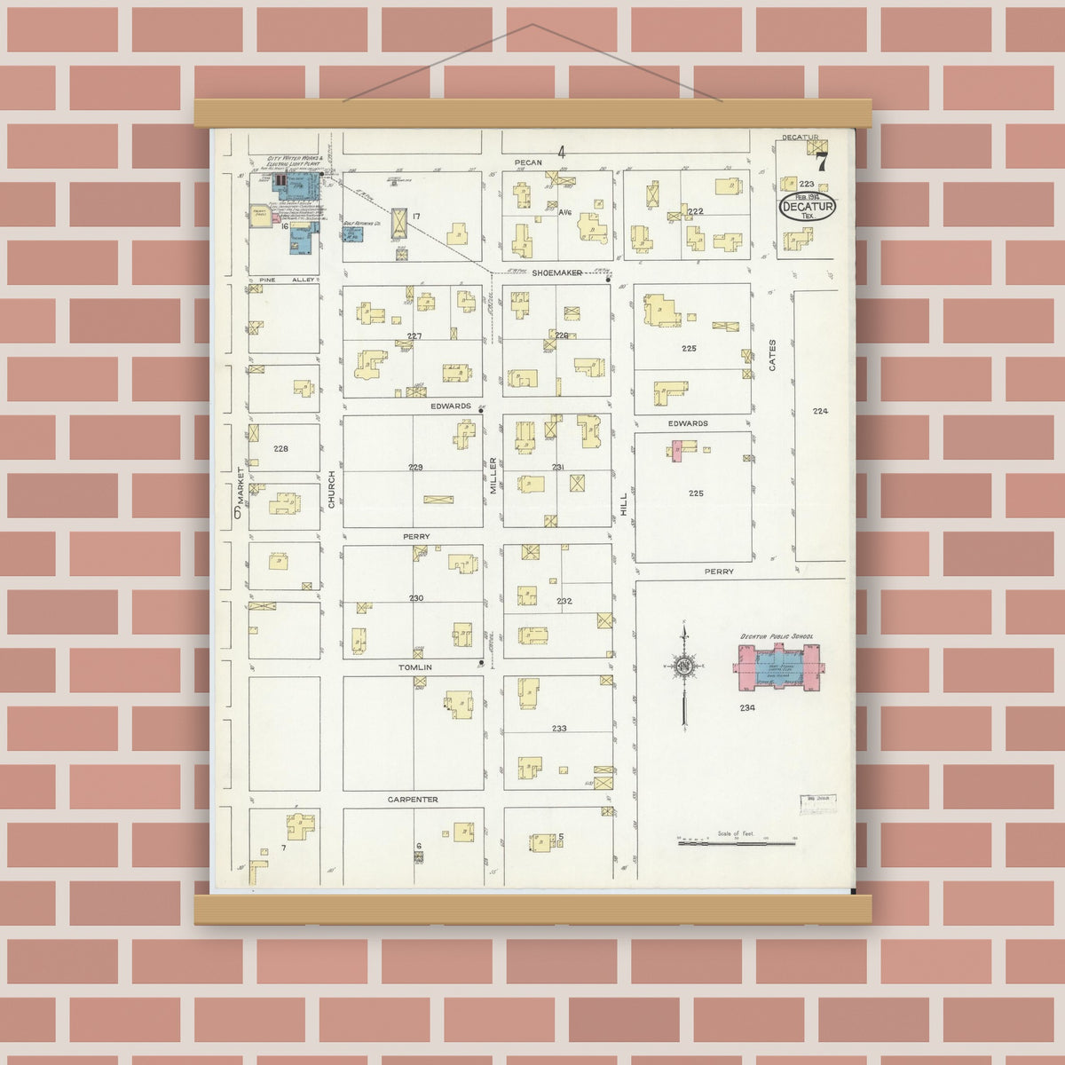 Old map wall art mockup — magnetic wood frame on brick wall — Sanborn Fire Insurance Map from Decatur, Wise County, Texas (1914), Sheet #0007