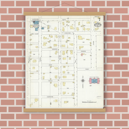 Old map wall art mockup — magnetic wood frame on brick wall — Sanborn Fire Insurance Map from Decatur, Wise County, Texas (1914), Sheet #0007