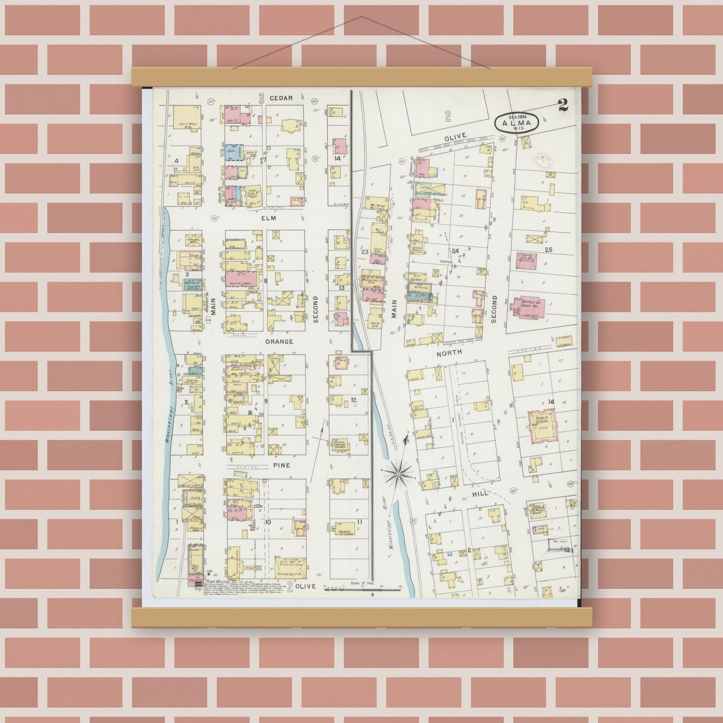 Old map wall art mockup — magnetic wood frame on brick wall — Sanborn Fire Insurance Map from Alma, Buffalo County, Wisconsin (1894), Sheet #0002