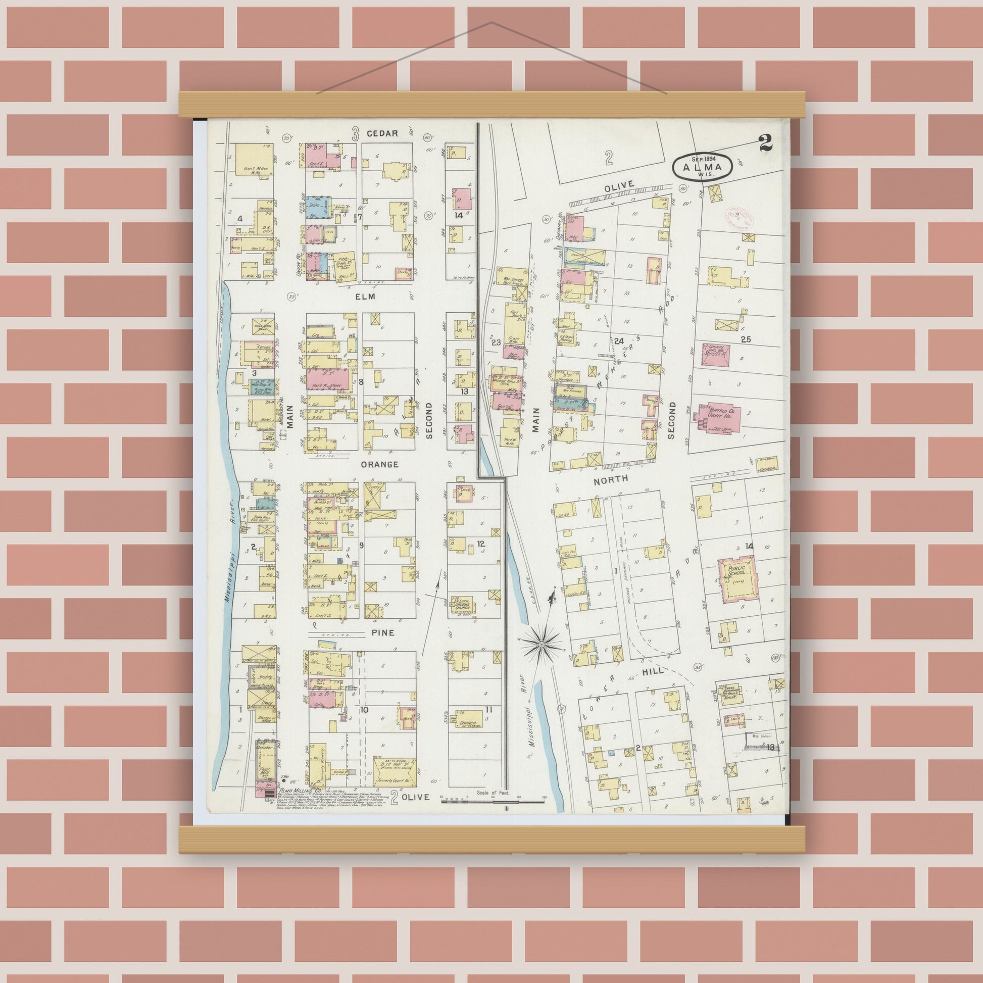 Old map wall art mockup — magnetic wood frame on brick wall — Sanborn Fire Insurance Map from Alma, Buffalo County, Wisconsin (1894), Sheet #0002