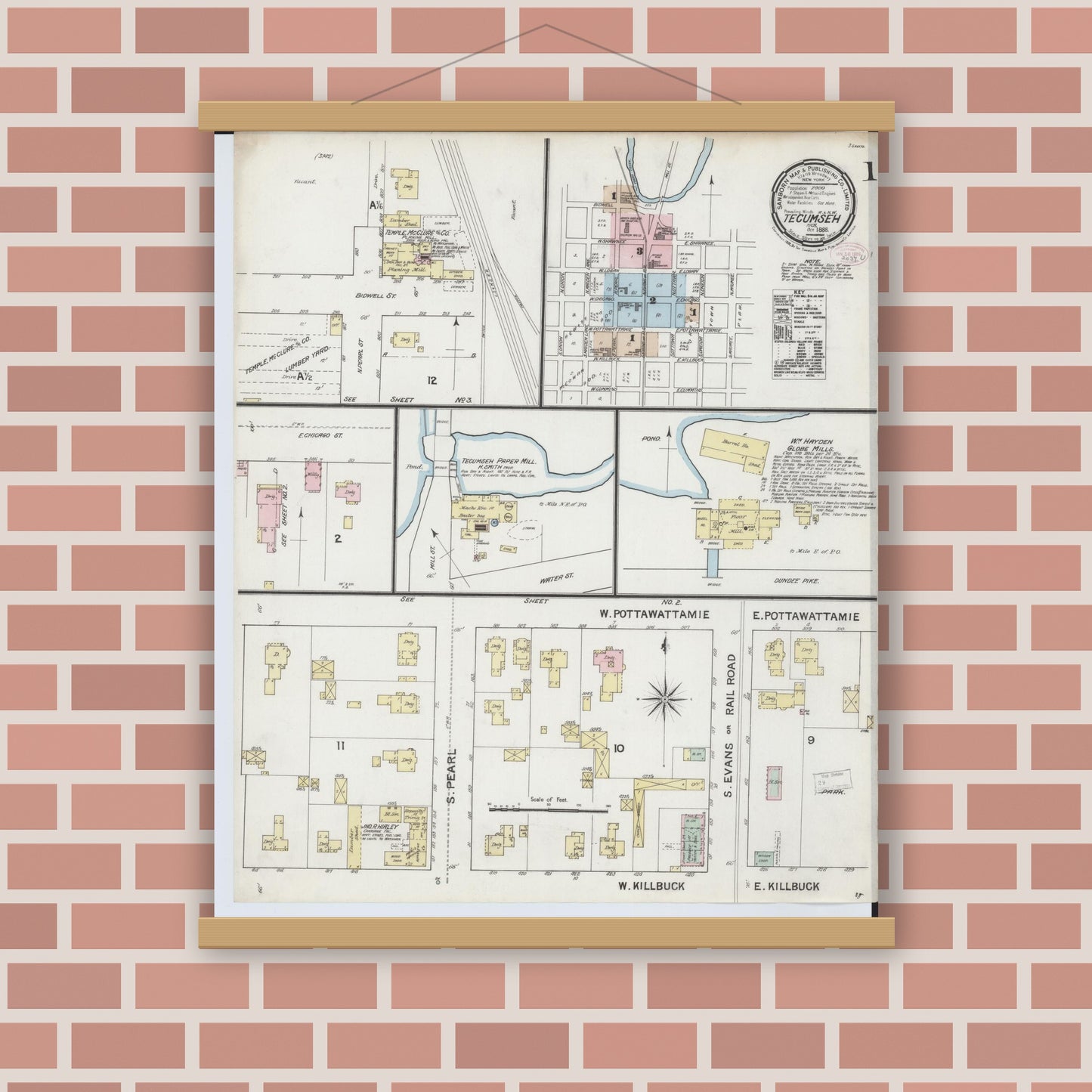 Old map wall art mockup — magnetic wood frame on brick wall — Sanborn Fire Insurance Map from Tecumseh, Lenawee County, Michigan (1888) - Complete Map Set