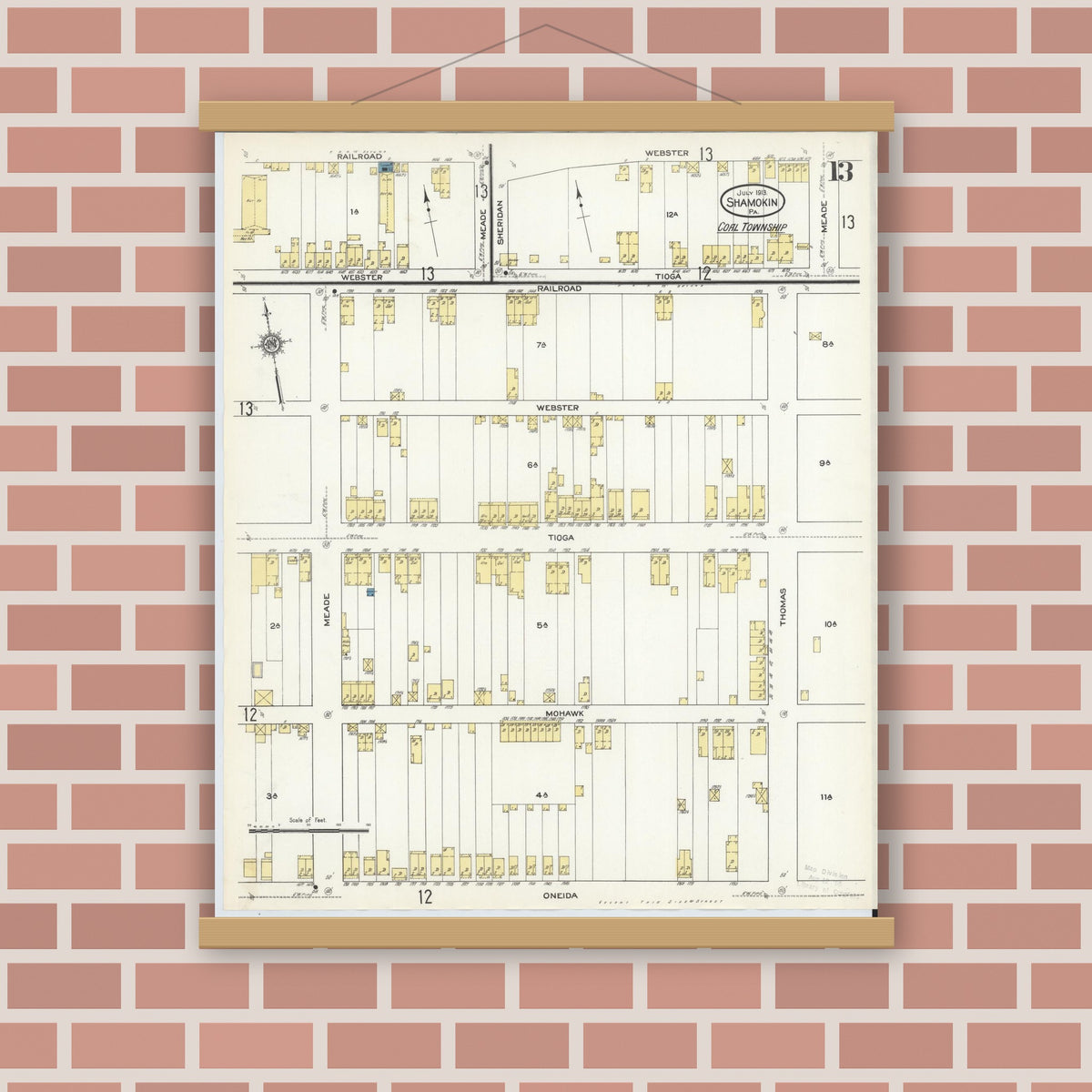 Old map wall art mockup — magnetic wood frame on brick wall — Sanborn Fire Insurance Map from Shamokin, Northumberland County, Pennsylvania (1913), Sheet #0013