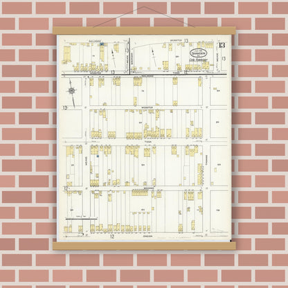 Old map wall art mockup — magnetic wood frame on brick wall — Sanborn Fire Insurance Map from Shamokin, Northumberland County, Pennsylvania (1913), Sheet #0013