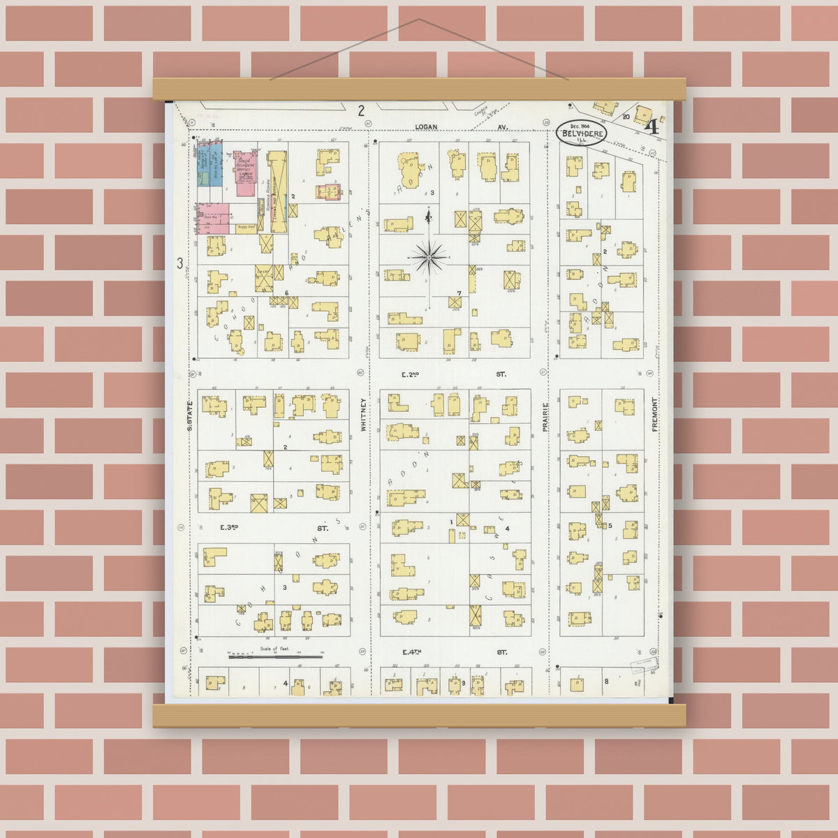 Old map wall art mockup — magnetic wood frame on brick wall — Sanborn Fire Insurance Map from Belvidere, Boone County, Illinois (1904), Sheet #0004