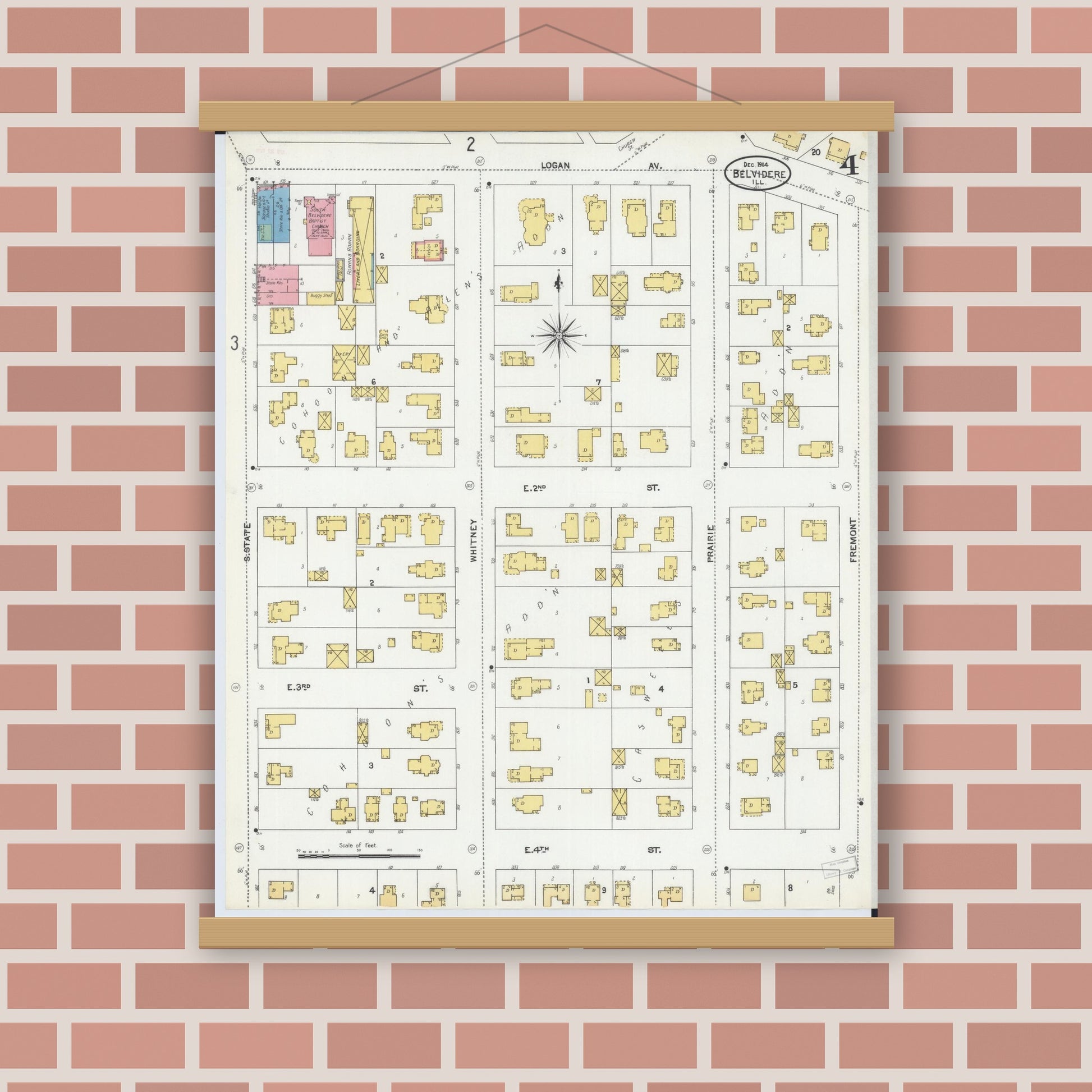 Old map wall art mockup — magnetic wood frame on brick wall — Sanborn Fire Insurance Map from Belvidere, Boone County, Illinois (1904), Sheet #0004