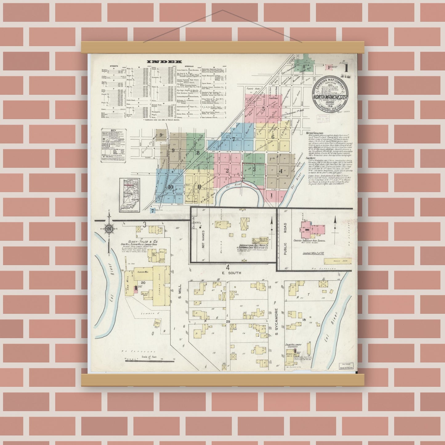 Old map wall art mockup — magnetic wood frame on brick wall — Sanborn Fire Insurance Map from North Manchester, Wabash County, Indiana (1914) - Complete Map Set