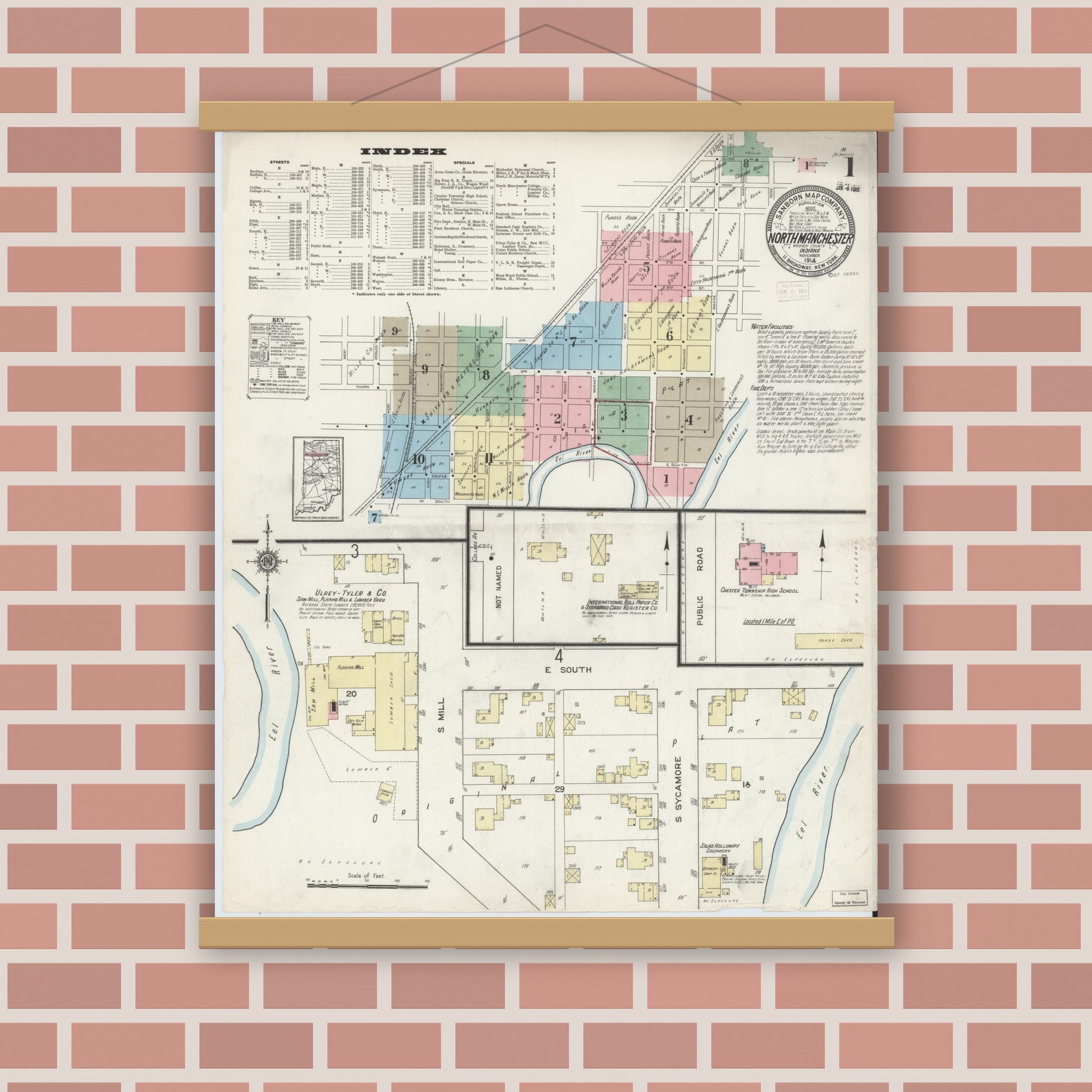 Old map wall art mockup — magnetic wood frame on brick wall — Sanborn Fire Insurance Map from North Manchester, Wabash County, Indiana (1914) - Complete Map Set