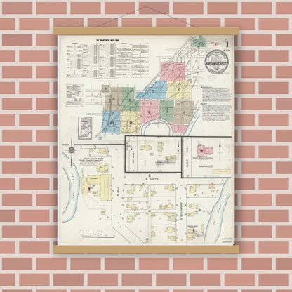 Old map wall art mockup — magnetic wood frame on brick wall — Sanborn Fire Insurance Map from North Manchester, Wabash County, Indiana (1914) - Complete Map Set