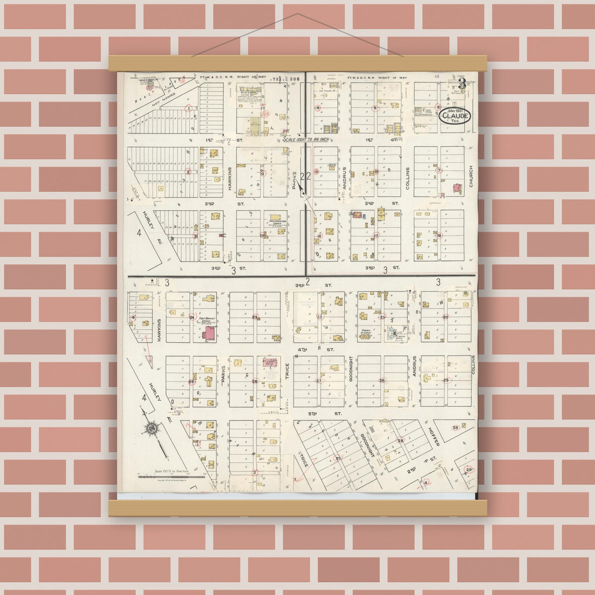 Old map wall art mockup — magnetic wood frame on brick wall — Sanborn Fire Insurance Map from Claude, Armstrong County, Texas (1932), Sheet #0003