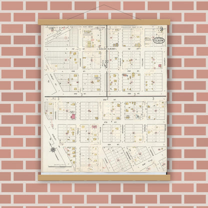 Old map wall art mockup — magnetic wood frame on brick wall — Sanborn Fire Insurance Map from Claude, Armstrong County, Texas (1932), Sheet #0003