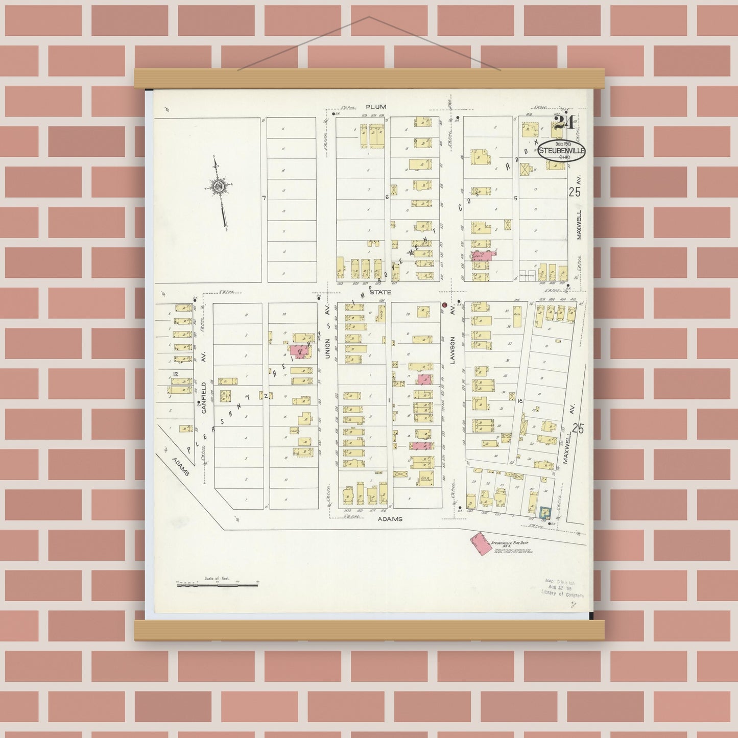 Old map wall art mockup — magnetic wood frame on brick wall — Sanborn Fire Insurance Map from Steubenville, Jefferson County, Ohio (1913), Sheet #0024