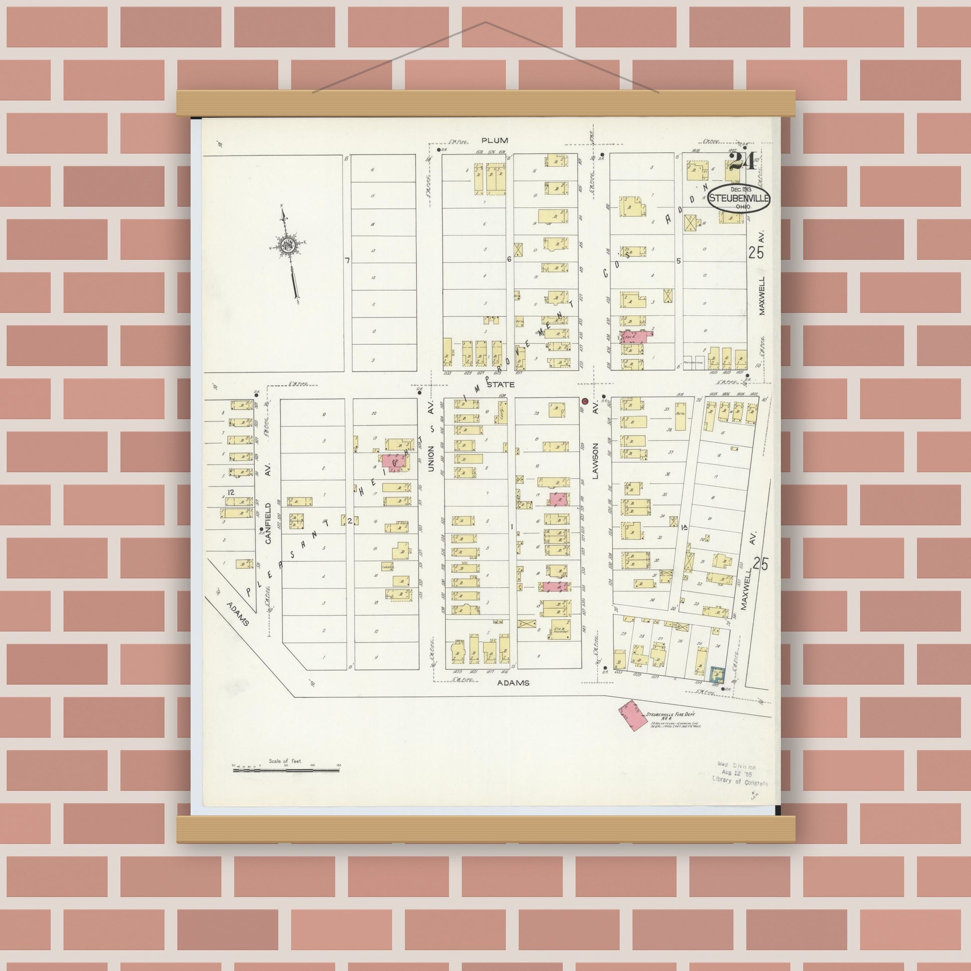 Old map wall art mockup — magnetic wood frame on brick wall — Sanborn Fire Insurance Map from Steubenville, Jefferson County, Ohio (1913), Sheet #0024