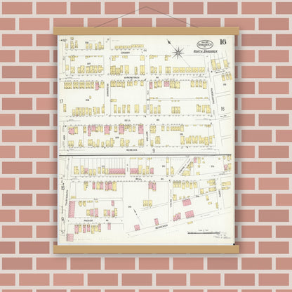 Old map wall art mockup — magnetic wood frame on brick wall — Sanborn Fire Insurance Map from Braddock, Allegheny County, Pennsylvania (1908), Sheet #0016