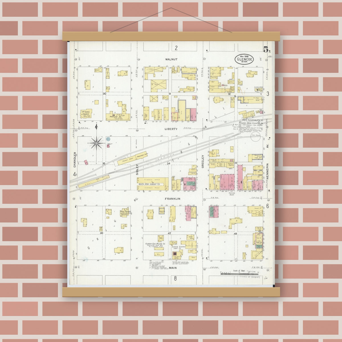 Old map wall art mockup — magnetic wood frame on brick wall — Sanborn Fire Insurance Map from Glencoe, Mcleod County, Minnesota (1908), Sheet #0005