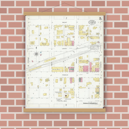 Old map wall art mockup — magnetic wood frame on brick wall — Sanborn Fire Insurance Map from Glencoe, Mcleod County, Minnesota (1908), Sheet #0005