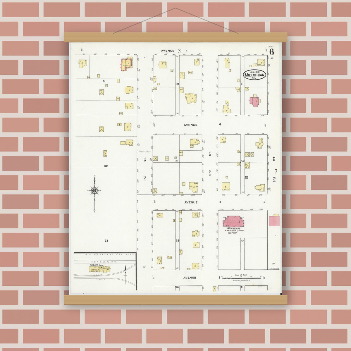 Old map wall art mockup — magnetic wood frame on brick wall — Sanborn Fire Insurance Map from Midlothian, Ellis County, Texas (1921), Sheet #0006