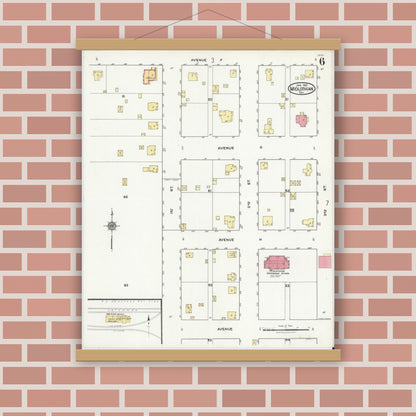 Old map wall art mockup — magnetic wood frame on brick wall — Sanborn Fire Insurance Map from Midlothian, Ellis County, Texas (1921), Sheet #0006