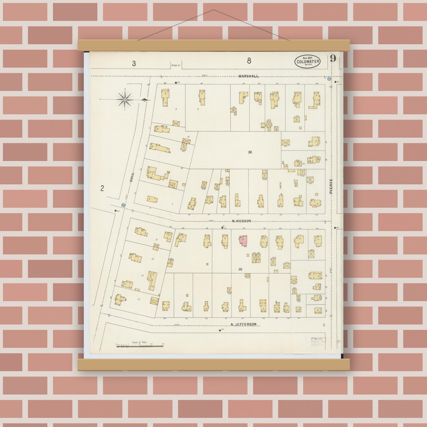 Old map wall art mockup — magnetic wood frame on brick wall — Sanborn Fire Insurance Map from Coldwater, Branch County, Michigan (1897), Sheet #0009