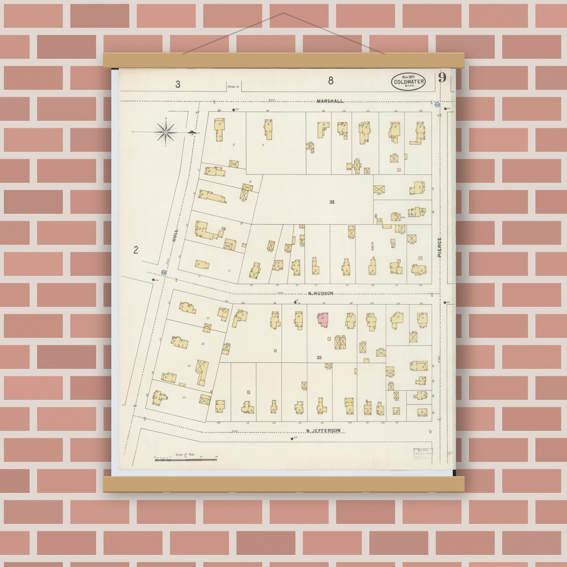 Old map wall art mockup — magnetic wood frame on brick wall — Sanborn Fire Insurance Map from Coldwater, Branch County, Michigan (1897), Sheet #0009