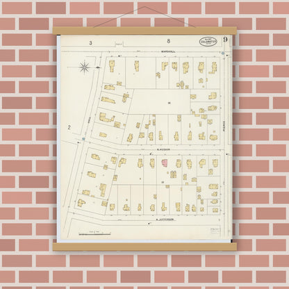 Old map wall art mockup — magnetic wood frame on brick wall — Sanborn Fire Insurance Map from Coldwater, Branch County, Michigan (1897), Sheet #0009