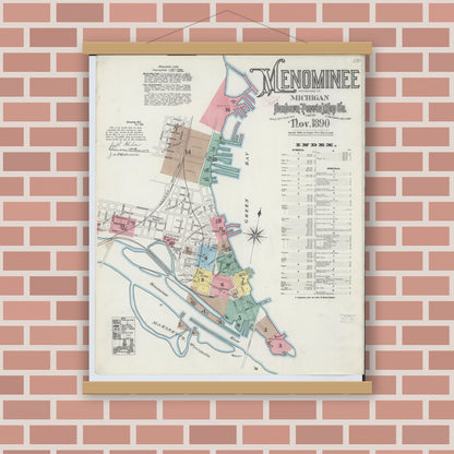 Old map wall art mockup — magnetic wood frame on brick wall — Sanborn Fire Insurance Map from Menominee, Menominee County, Michigan (1890), Sheet #0001