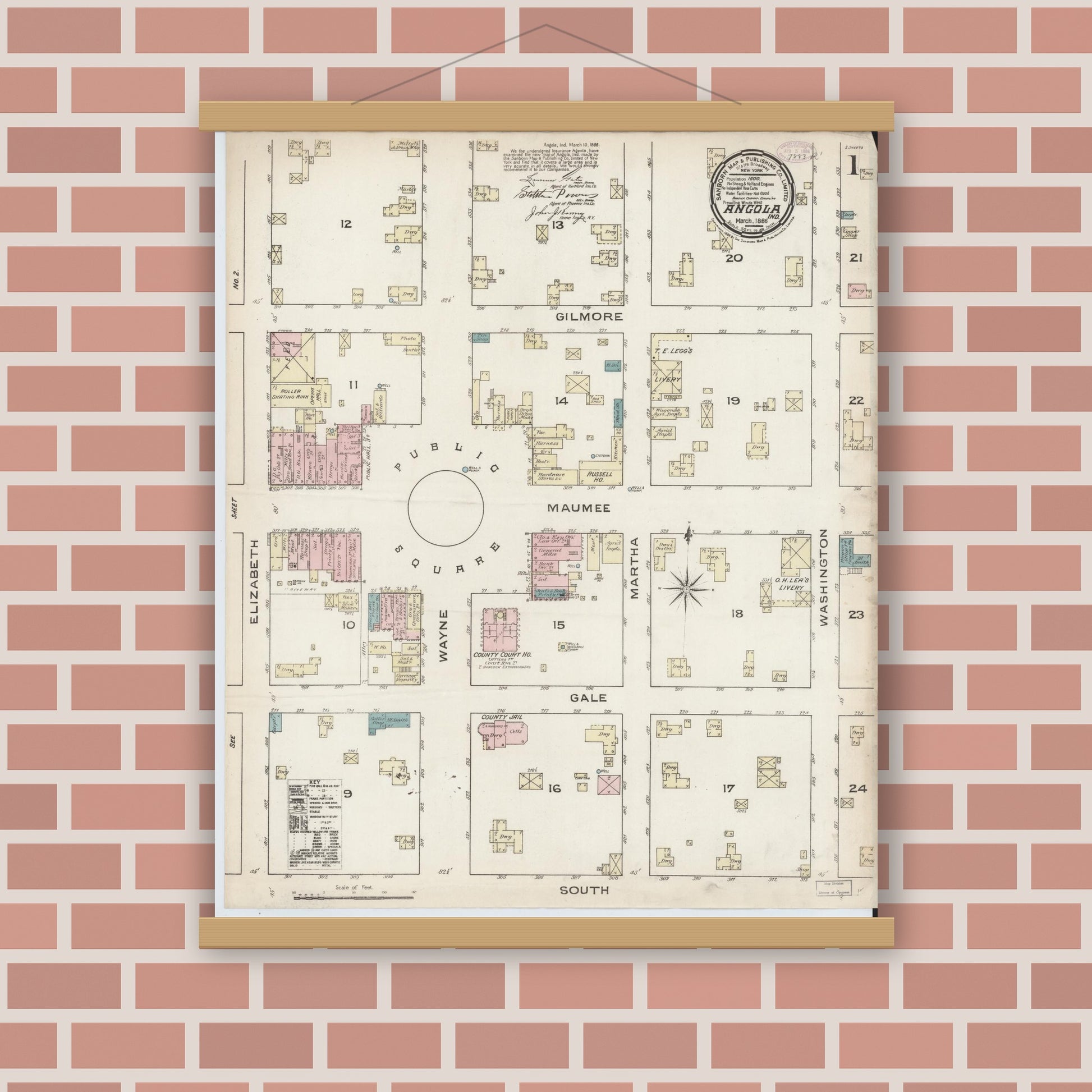 Old map wall art mockup — magnetic wood frame on brick wall — Sanborn Fire Insurance Map from Angola, Steuben County, Indiana (1886) - Complete Map Set