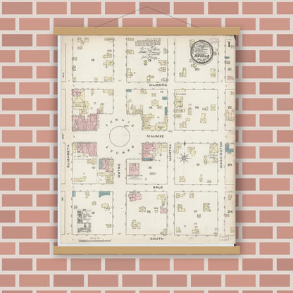 Old map wall art mockup — magnetic wood frame on brick wall — Sanborn Fire Insurance Map from Angola, Steuben County, Indiana (1886) - Complete Map Set