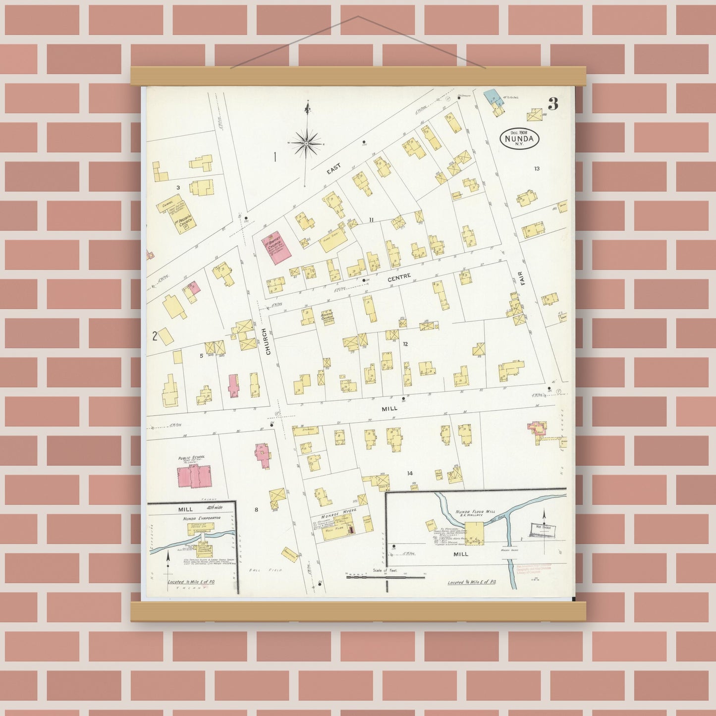 Old map wall art mockup — magnetic wood frame on brick wall — Sanborn Fire Insurance Map from Nunda, Livingston County, New York (1908), Sheet #0003