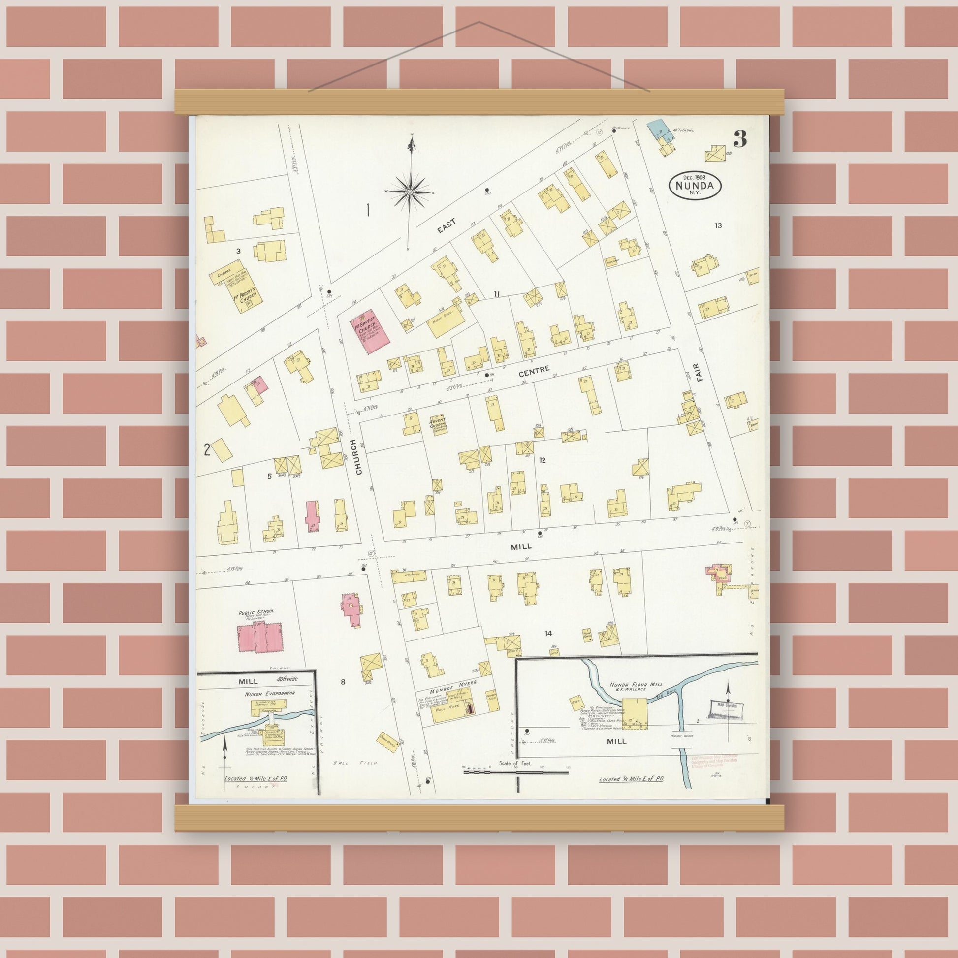 Old map wall art mockup — magnetic wood frame on brick wall — Sanborn Fire Insurance Map from Nunda, Livingston County, New York (1908), Sheet #0003