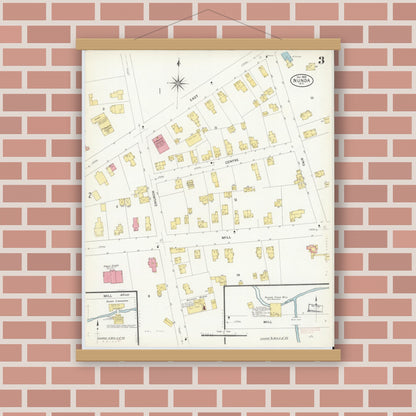 Old map wall art mockup — magnetic wood frame on brick wall — Sanborn Fire Insurance Map from Nunda, Livingston County, New York (1908), Sheet #0003