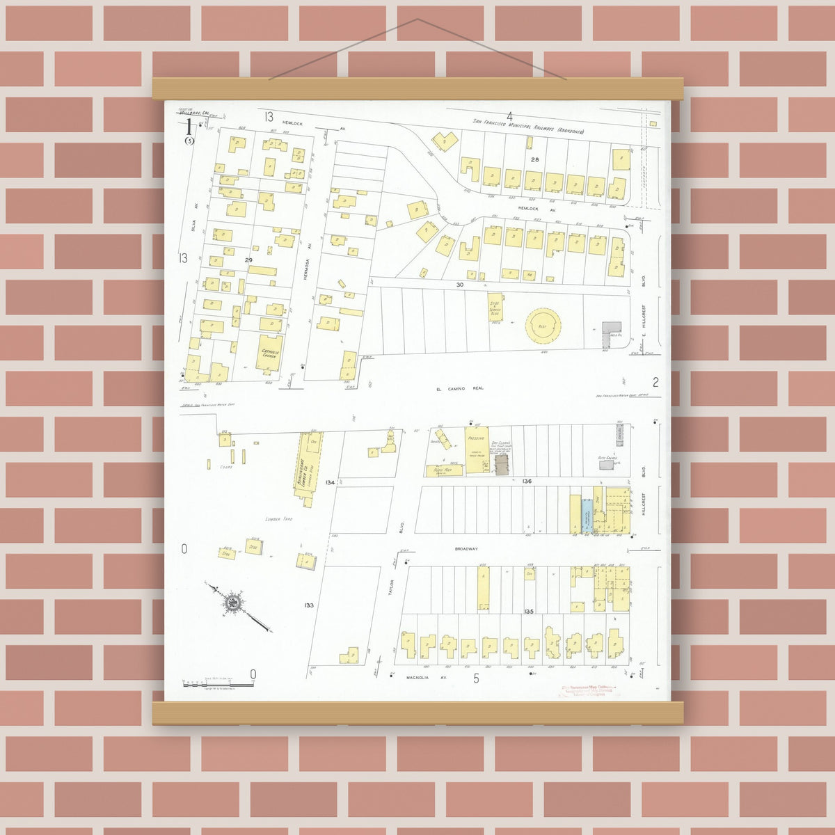 Old map wall art mockup — magnetic wood frame on brick wall — Sanborn Fire Insurance Map from Millbrae, San Mateo County, California (1949) - Complete Map Set