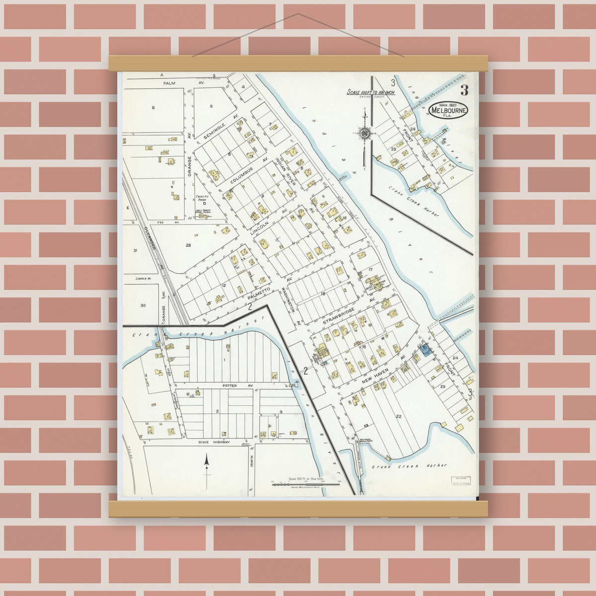 Old map wall art mockup — magnetic wood frame on brick wall — Sanborn Fire Insurance Map from Melbourne, Brevard County, Florida (1920), Sheet #0003