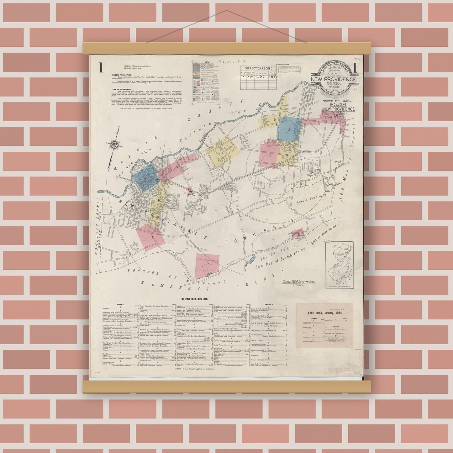 Old map wall art mockup — magnetic wood frame on brick wall — Sanborn Fire Insurance Map from New Providence, Union County, New Jersey (1944), Sheet #0001