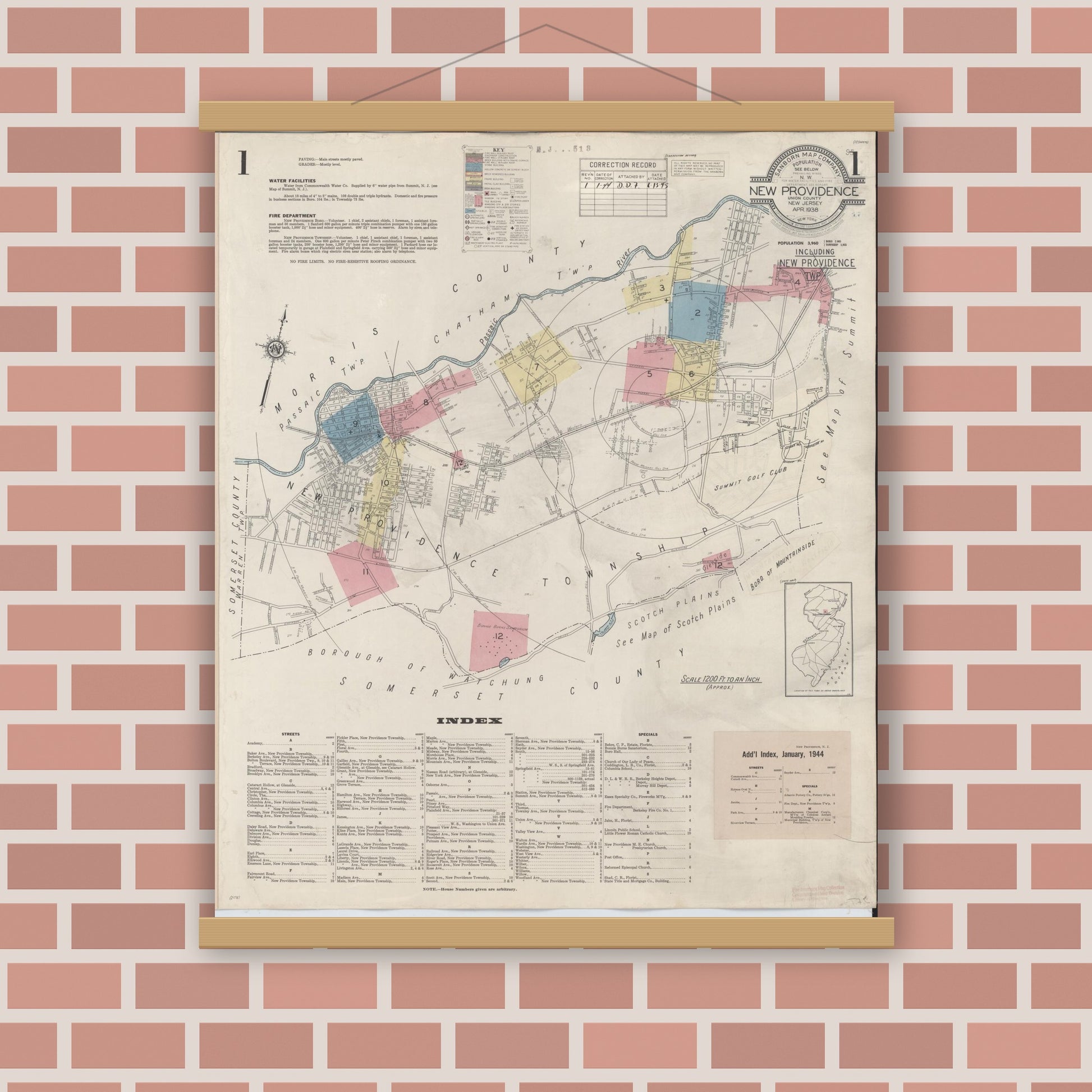 Old map wall art mockup — magnetic wood frame on brick wall — Sanborn Fire Insurance Map from New Providence, Union County, New Jersey (1944), Sheet #0001