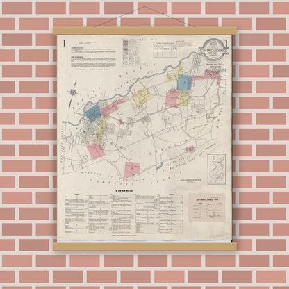 Old map wall art mockup — magnetic wood frame on brick wall — Sanborn Fire Insurance Map from New Providence, Union County, New Jersey (1944), Sheet #0001