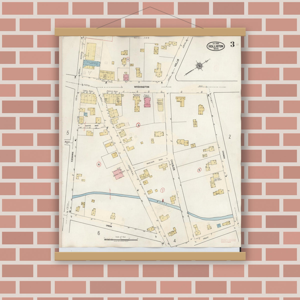 Old map wall art mockup — magnetic wood frame on brick wall — Sanborn Fire Insurance Map from Holliston, Middlesex County, Massachusetts (1942), Sheet #0003