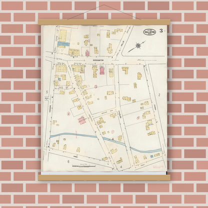 Old map wall art mockup — magnetic wood frame on brick wall — Sanborn Fire Insurance Map from Holliston, Middlesex County, Massachusetts (1942), Sheet #0003