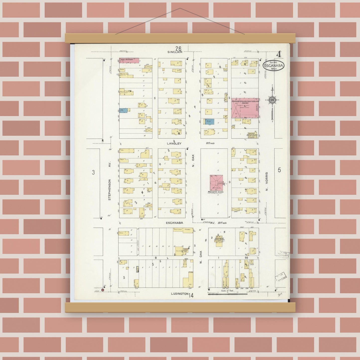 Old map wall art mockup — magnetic wood frame on brick wall — Sanborn Fire Insurance Map from Escanaba, Delta County, Michigan (1913), Sheet #0004