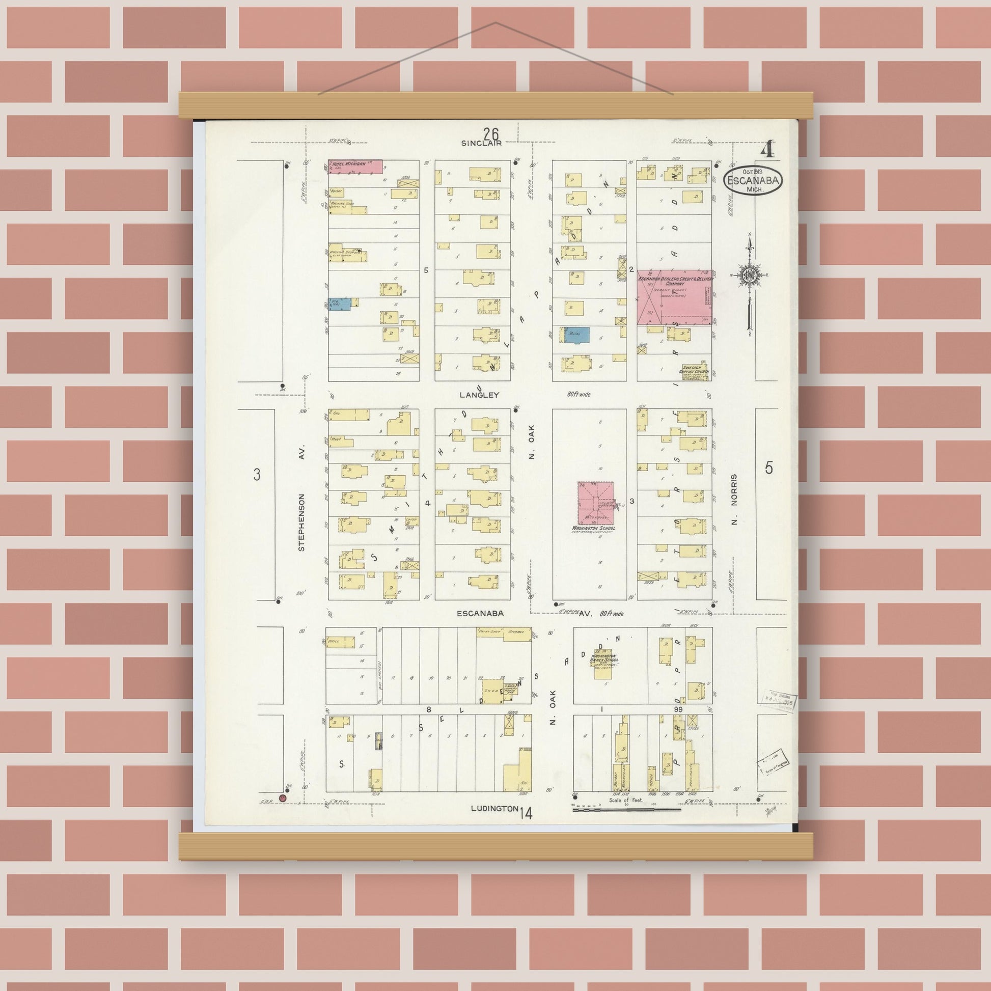 Old map wall art mockup — magnetic wood frame on brick wall — Sanborn Fire Insurance Map from Escanaba, Delta County, Michigan (1913), Sheet #0004