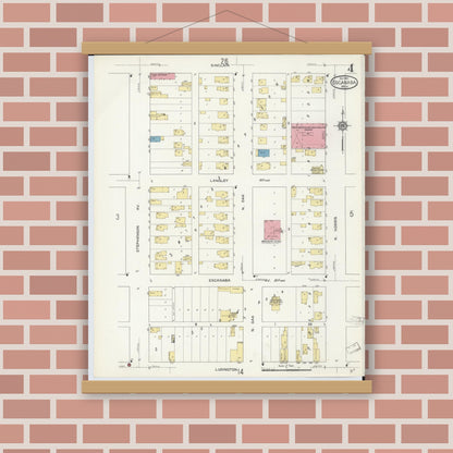 Old map wall art mockup — magnetic wood frame on brick wall — Sanborn Fire Insurance Map from Escanaba, Delta County, Michigan (1913), Sheet #0004