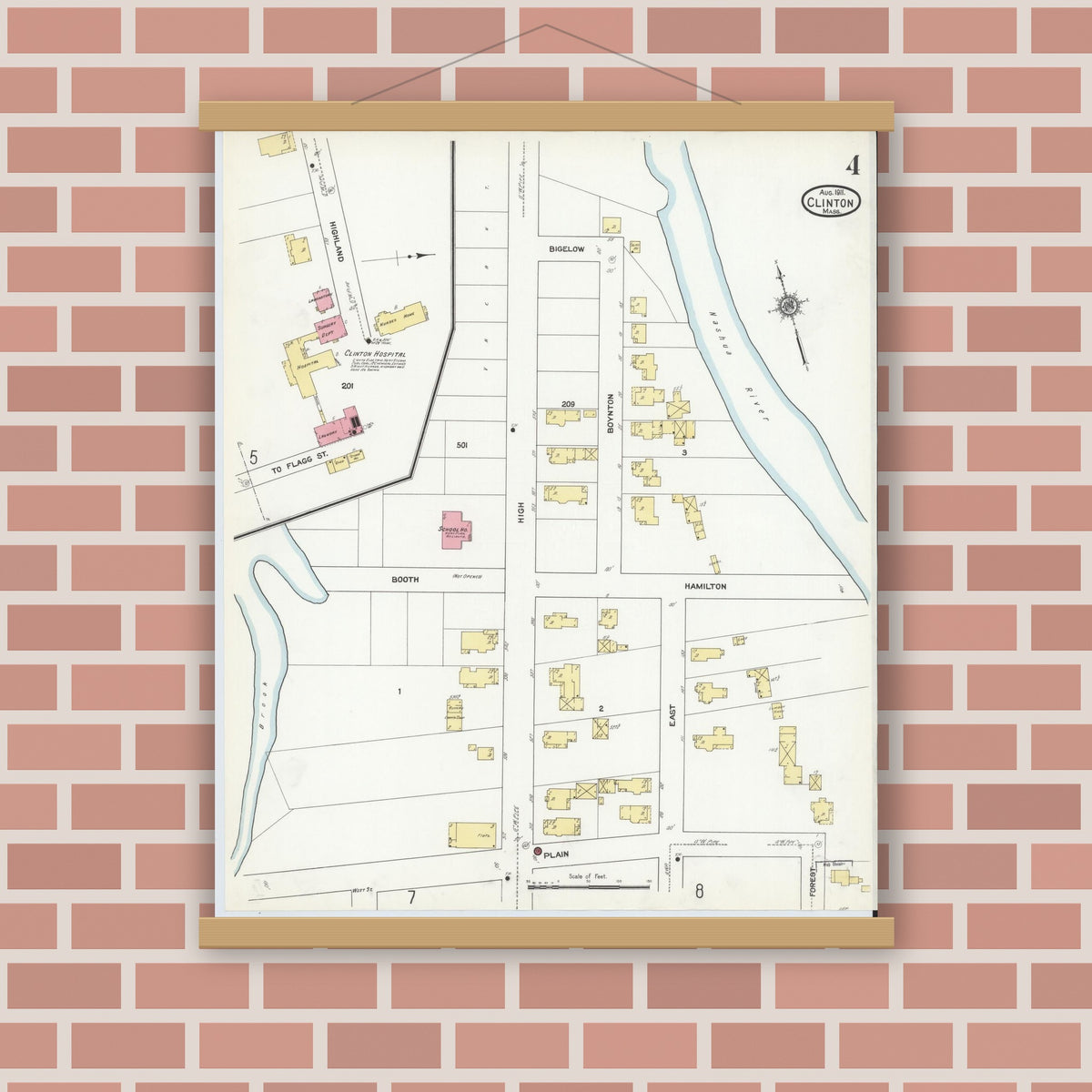Old map wall art mockup — magnetic wood frame on brick wall — Sanborn Fire Insurance Map from Clinton, Worcester County, Massachusetts (1911), Sheet #0004