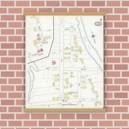 Old map wall art mockup — magnetic wood frame on brick wall — Sanborn Fire Insurance Map from Clinton, Worcester County, Massachusetts (1911), Sheet #0004