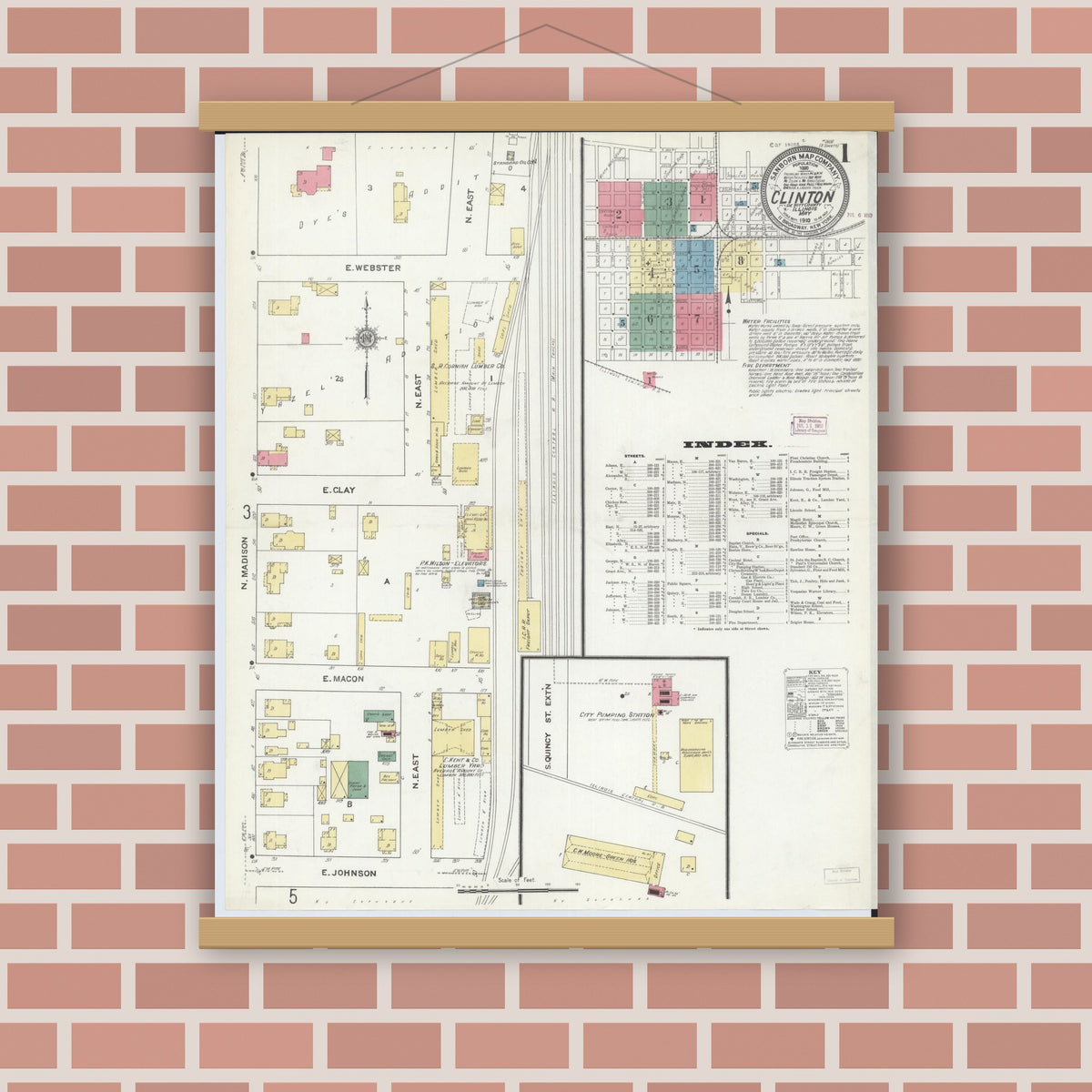 Old map wall art mockup — magnetic wood frame on brick wall — Sanborn Fire Insurance Map from Clinton, De Witt County, Illinois (1910), Sheet #0001