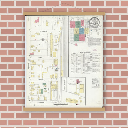 Old map wall art mockup — magnetic wood frame on brick wall — Sanborn Fire Insurance Map from Clinton, De Witt County, Illinois (1910), Sheet #0001