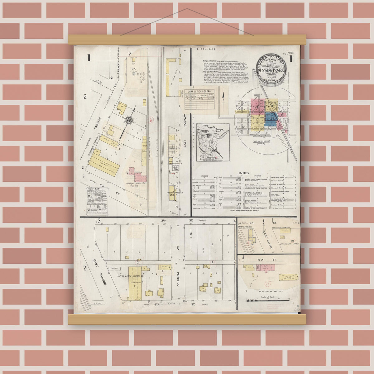 Old map wall art mockup — magnetic wood frame on brick wall — Sanborn Fire Insurance Map from Blooming Prairie, Steele County, Minnesota (1937) - Complete Map Set