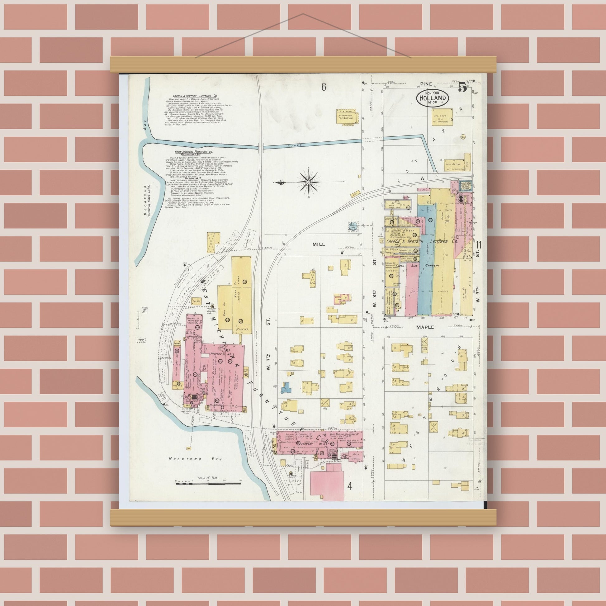 Old map wall art mockup — magnetic wood frame on brick wall — Sanborn Fire Insurance Map from Holland, Ottawa County, Michigan (1908), Sheet #0005