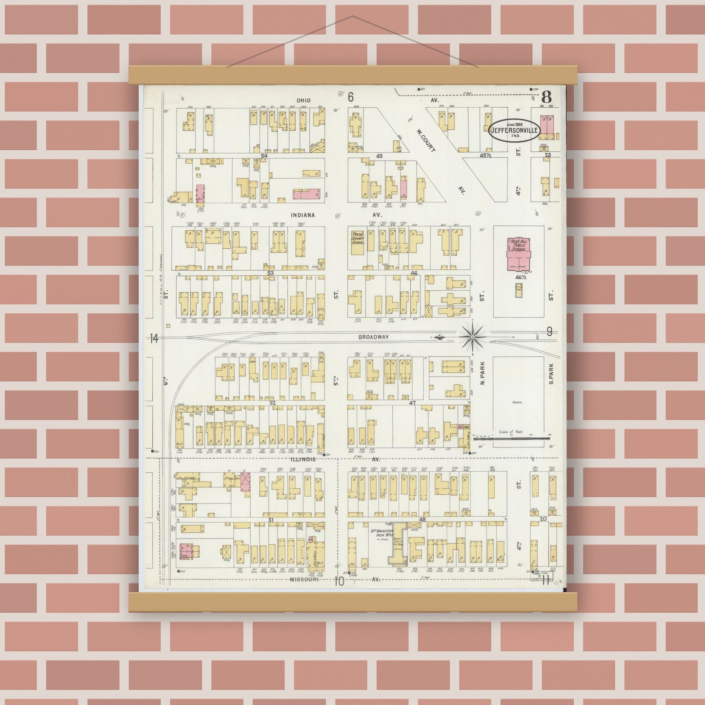 Old map wall art mockup — magnetic wood frame on brick wall — Sanborn Fire Insurance Map from Jeffersonville, Clark County, Indiana (1898), Sheet #0008