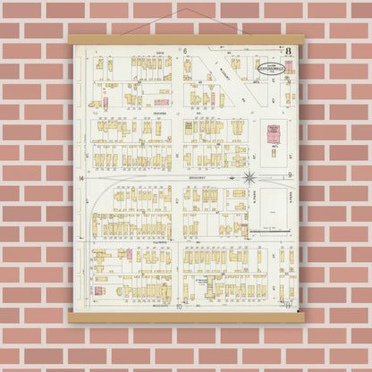 Old map wall art mockup — magnetic wood frame on brick wall — Sanborn Fire Insurance Map from Jeffersonville, Clark County, Indiana (1898), Sheet #0008