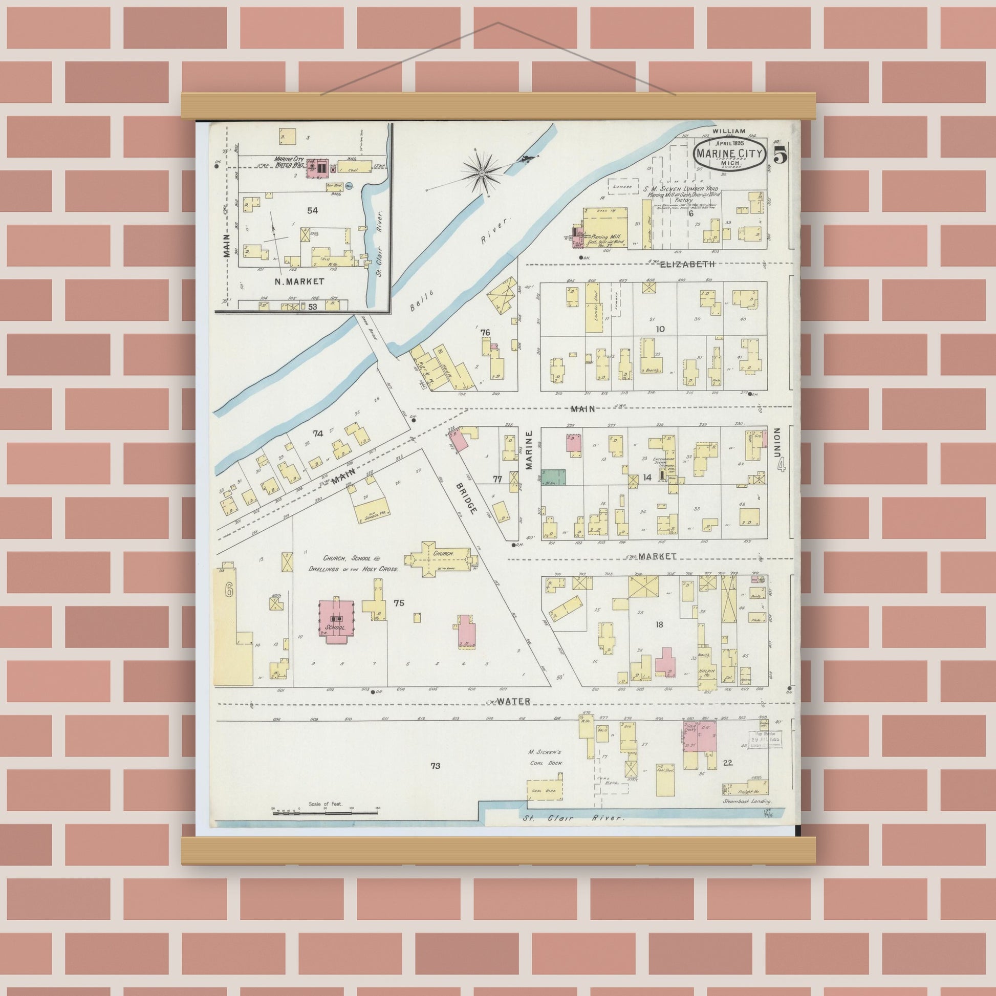 Old map wall art mockup — magnetic wood frame on brick wall — Sanborn Fire Insurance Map from Marine City, Saint Clair County, Michigan (1895), Sheet #0005