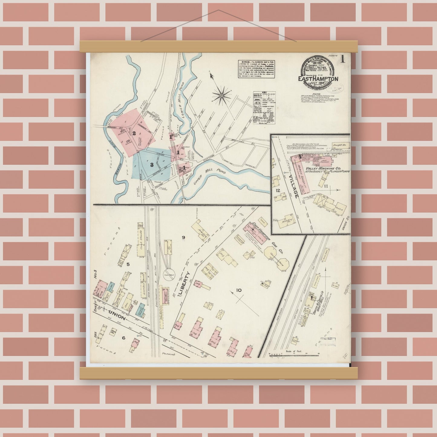 Old map wall art mockup — magnetic wood frame on brick wall — Sanborn Fire Insurance Map from East Hampton, Hampshire County, Massachusetts (1884) - Complete Map Set